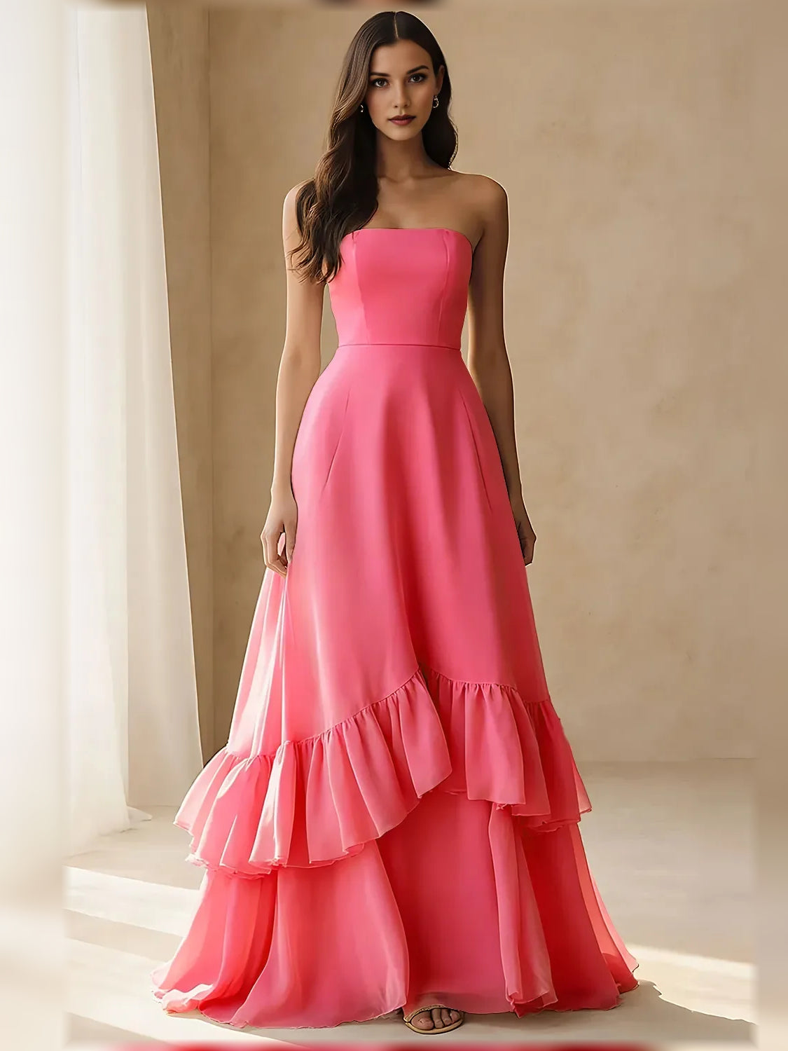 Strapless tiered ruffle chiffon A-line formal dress in hot pink