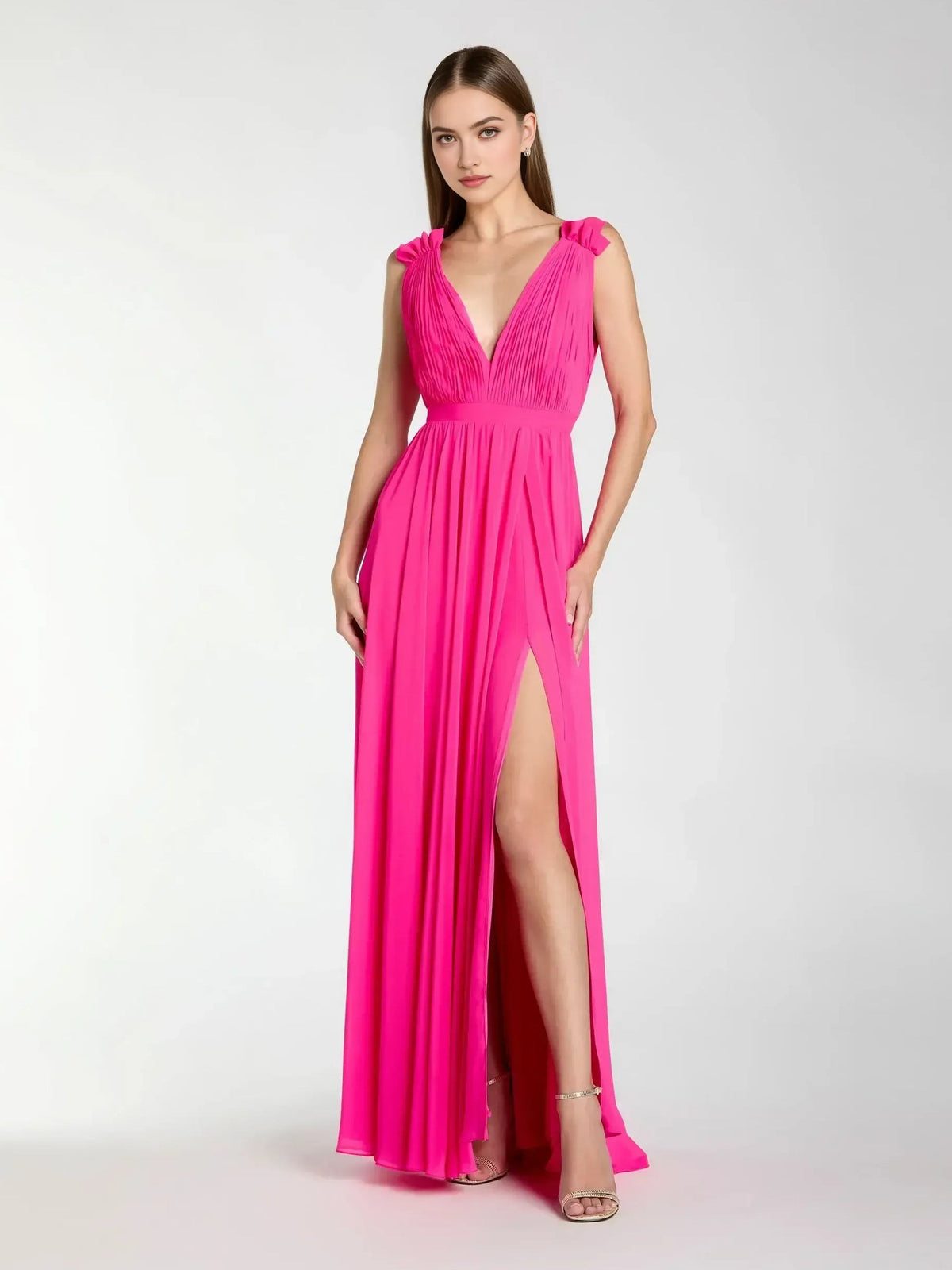 Hot pink V-neck formal maxi dress with ruffle shoulder details and thigh slit