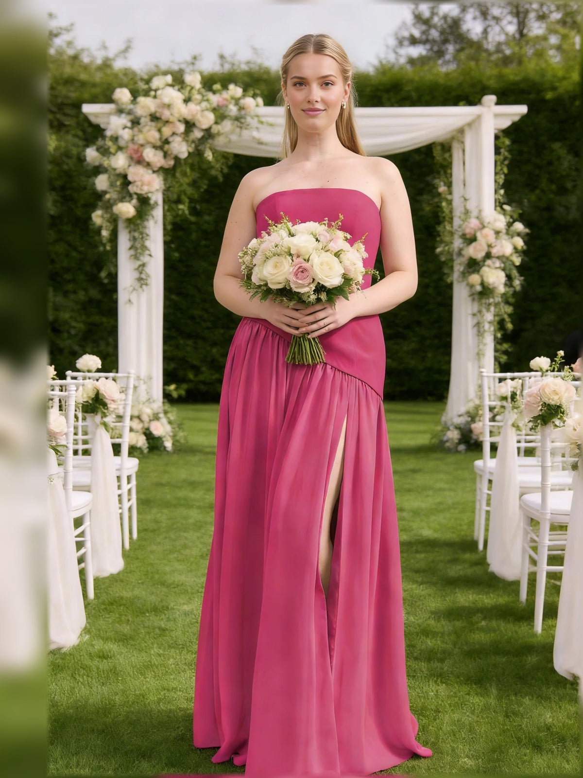 Hot pink strapless A-line maxi chiffon dress, front view with thigh slit