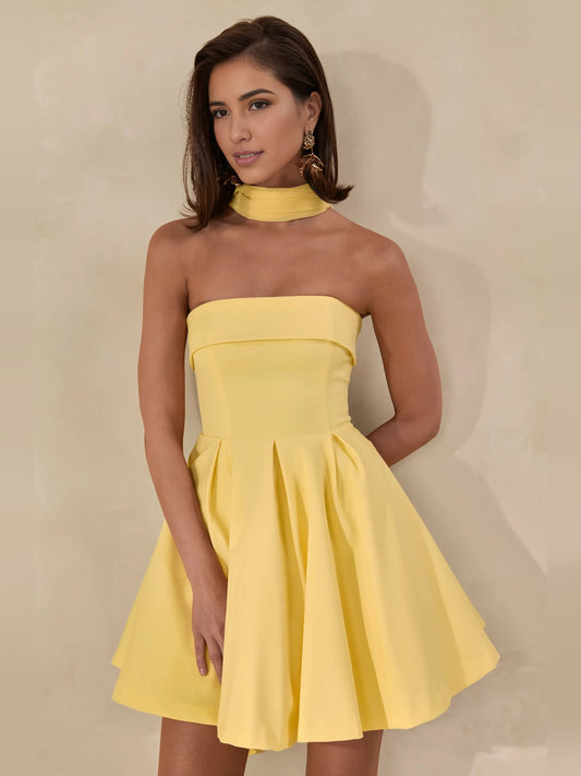 Lemon strapless sweetheart mini dress with pleated skirt and fitted bodice