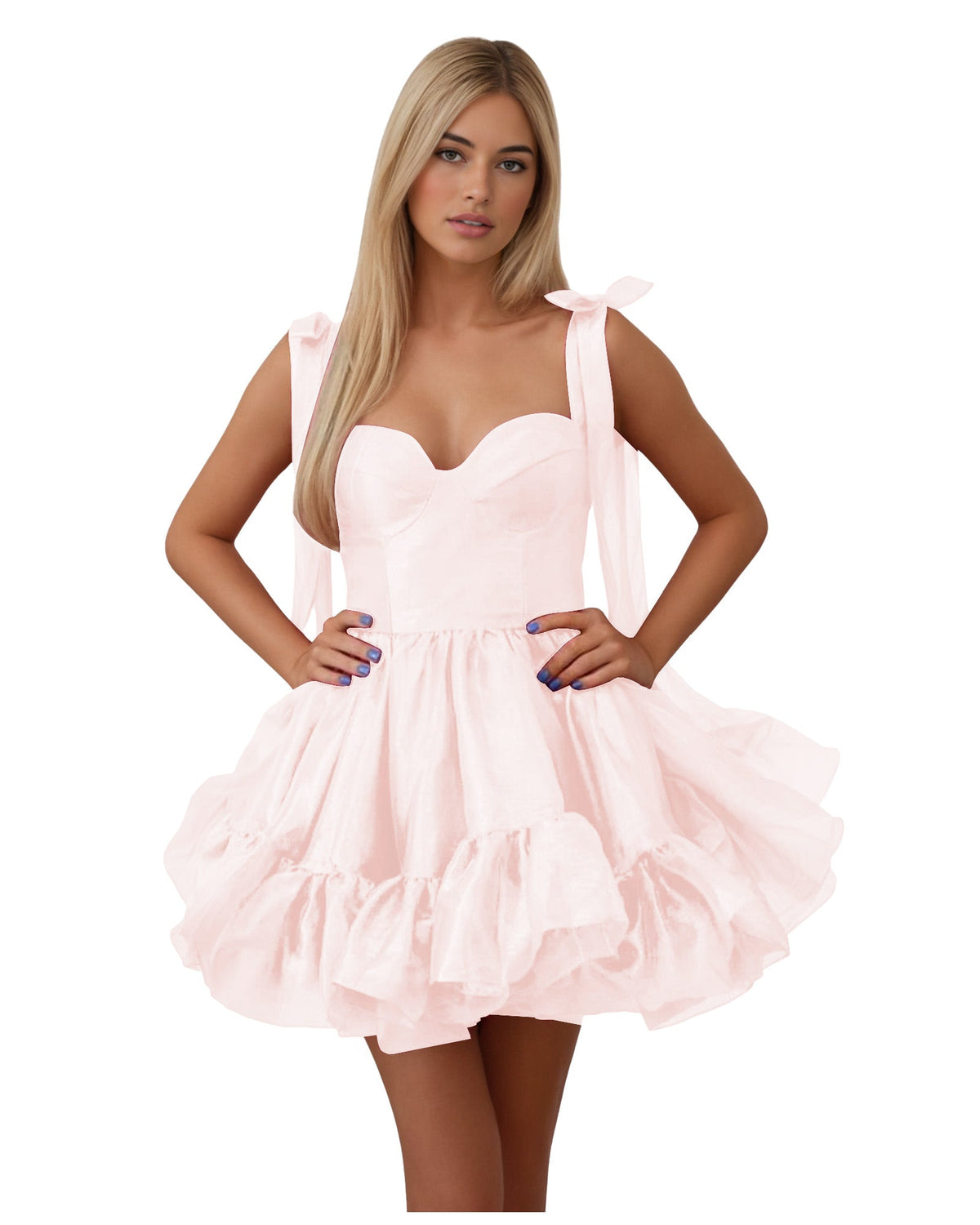 White satin corset homecoming dress with bow-shoulder straps and tiered ruffle skirt