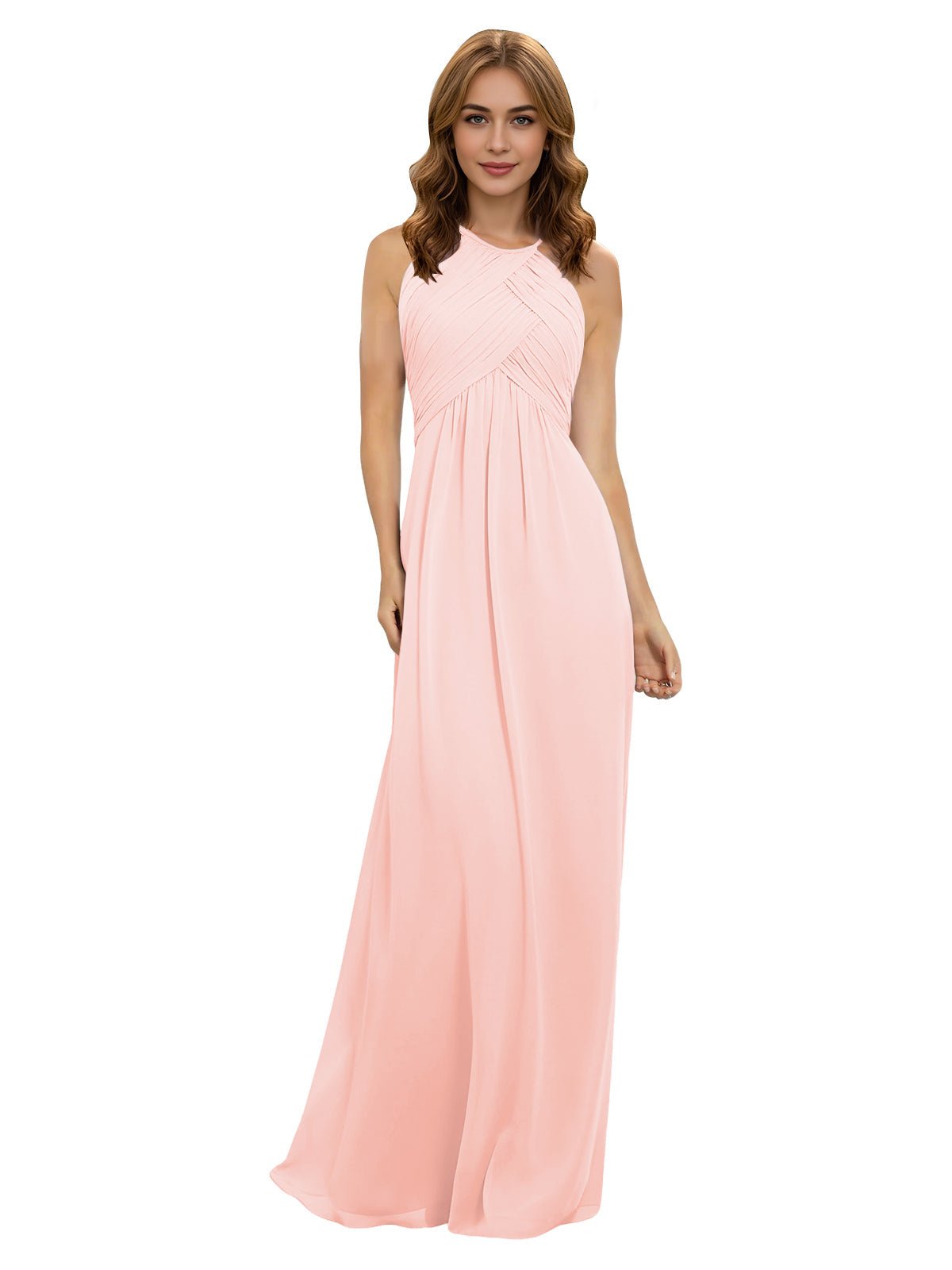 Blush pink chiffon halter bridesmaid dress with twisted bodice and keyhole neckline