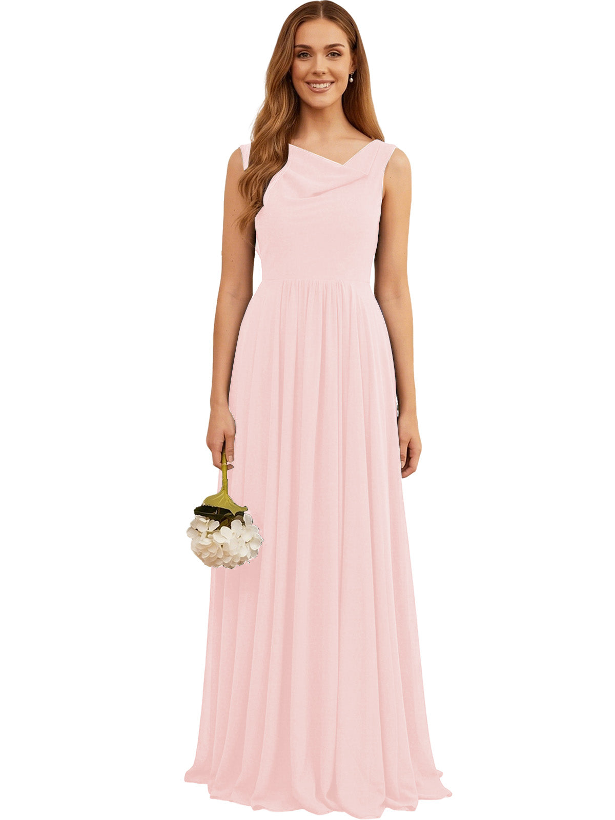 Pink sleeveless chiffon bridesmaid dress with pleated skirt and jewel neckline