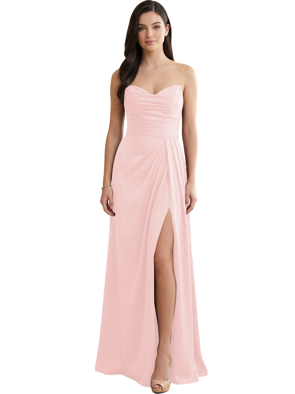 Strapless satin bridesmaid dress in blush pink with pleats and side slit