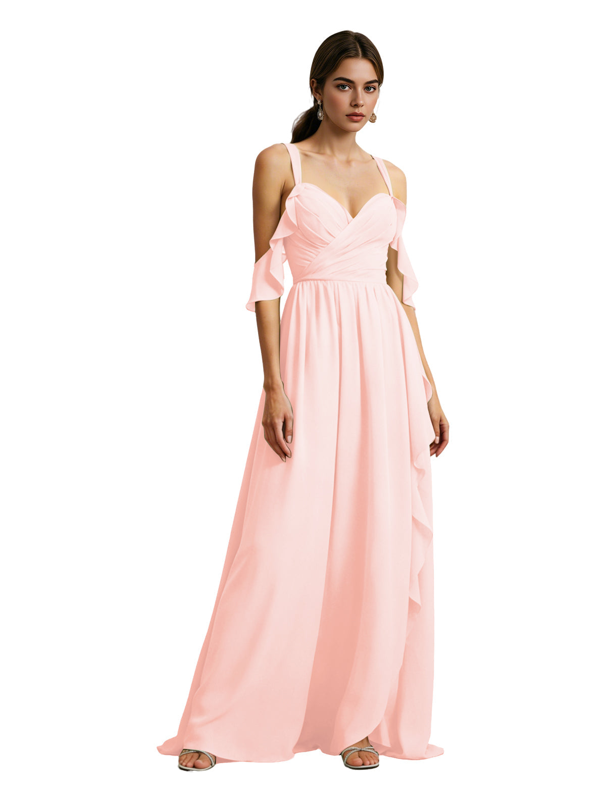 Cold-shoulder chiffon bridesmaid dress in light pink, draped V-neck bodice, long flowing skirt