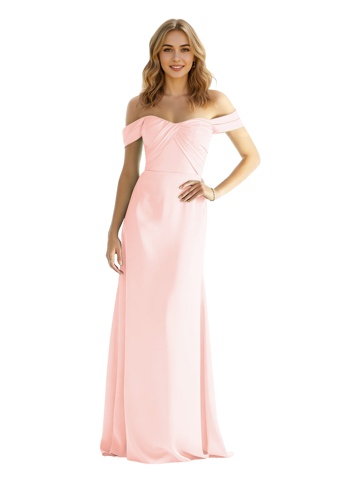 Off-shoulder satin bridesmaid dress, wrapped bodice, floor-length skirt in light pink.