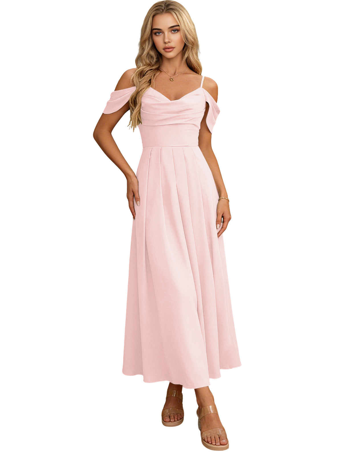 Blush pink off-shoulder midi bridesmaid dress with pleated bodice and flowing skirt