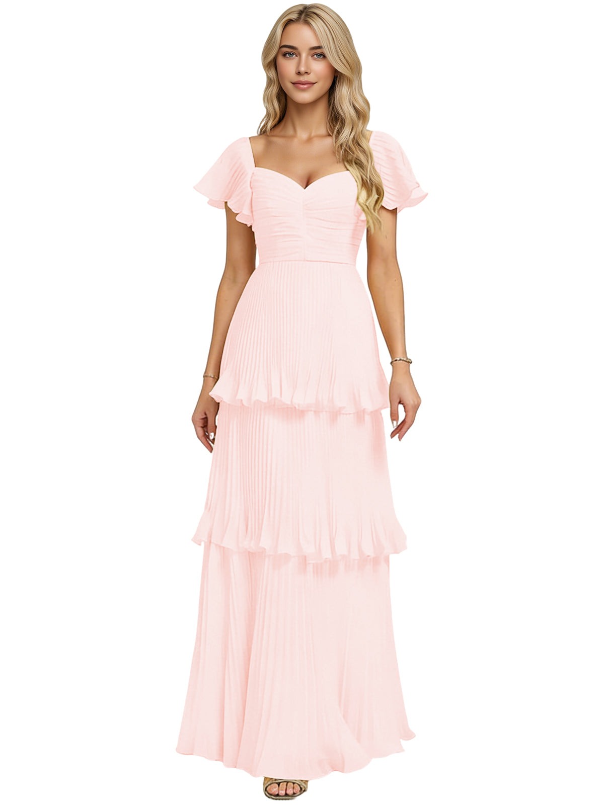 Tiered ruffle chiffon bridesmaid dress, blush pink, sweetheart neckline