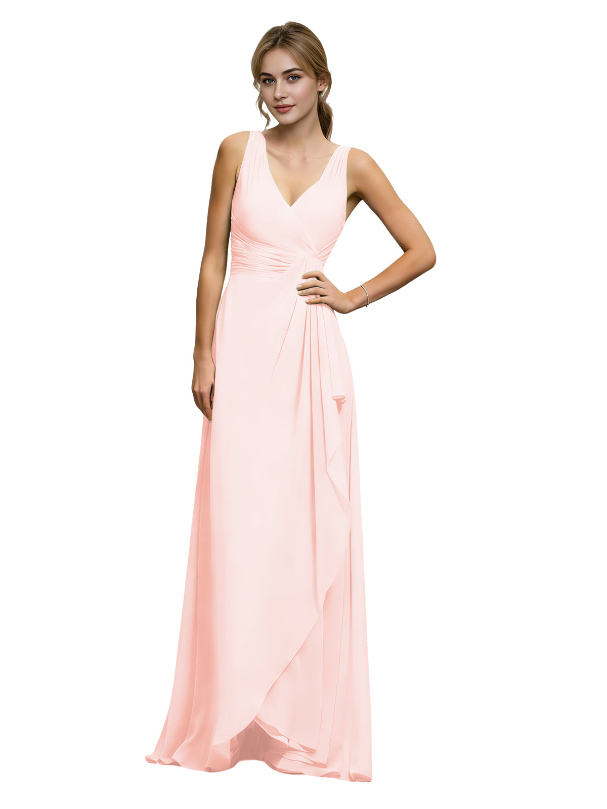 Blush pink halter V-neck chiffon bridesmaid dress with draped sash waist