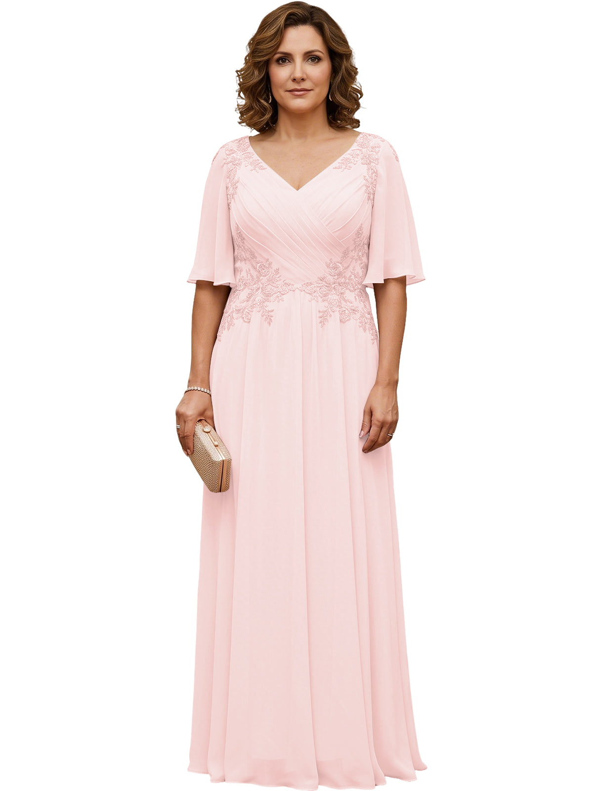 Pale pink long chiffon A-line gown with V-neck, flutter sleeves, and beaded lace detail