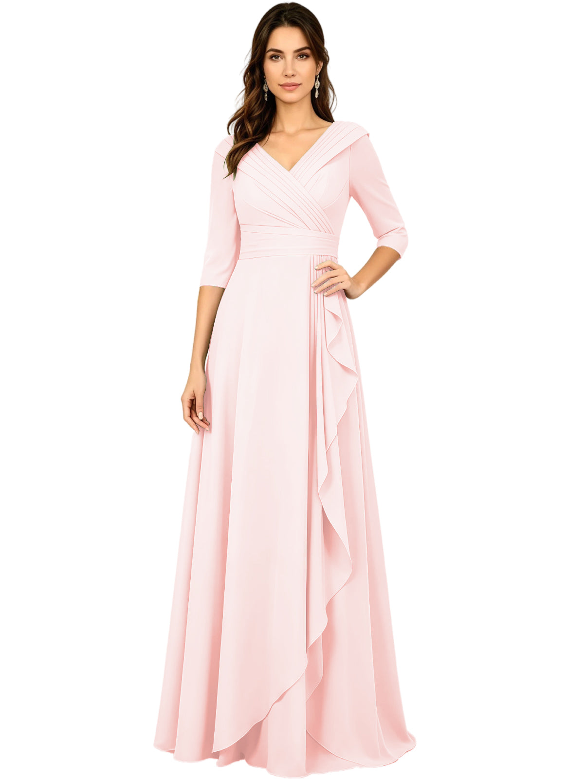 Long V-neck A-line chiffon gown, half sleeves, light pink with side ruffle drape