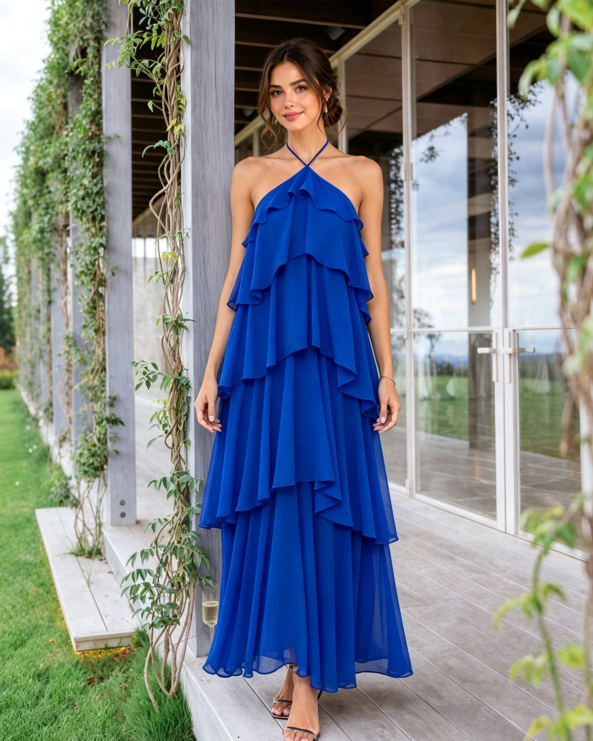 Tiered halter chiffon bridesmaid dress, royal blue tiered ruffle overlay and long skirt