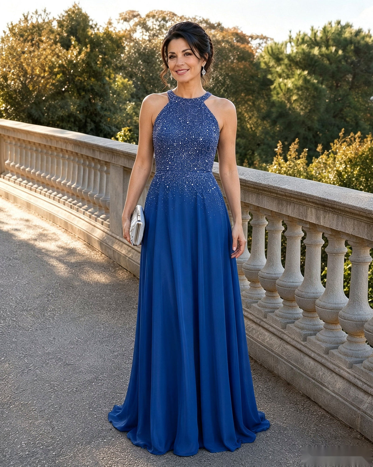 Royal blue halter neck sequin chiffon A-line mother-of-the-bride dress, floor-length