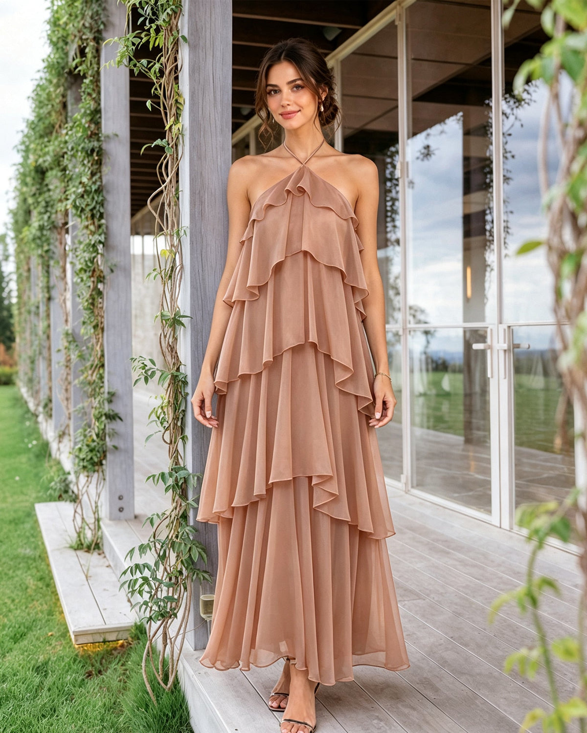 Tiered halter chiffon bridesmaid dress, blush pink tiered ruffle overlay and long skirt