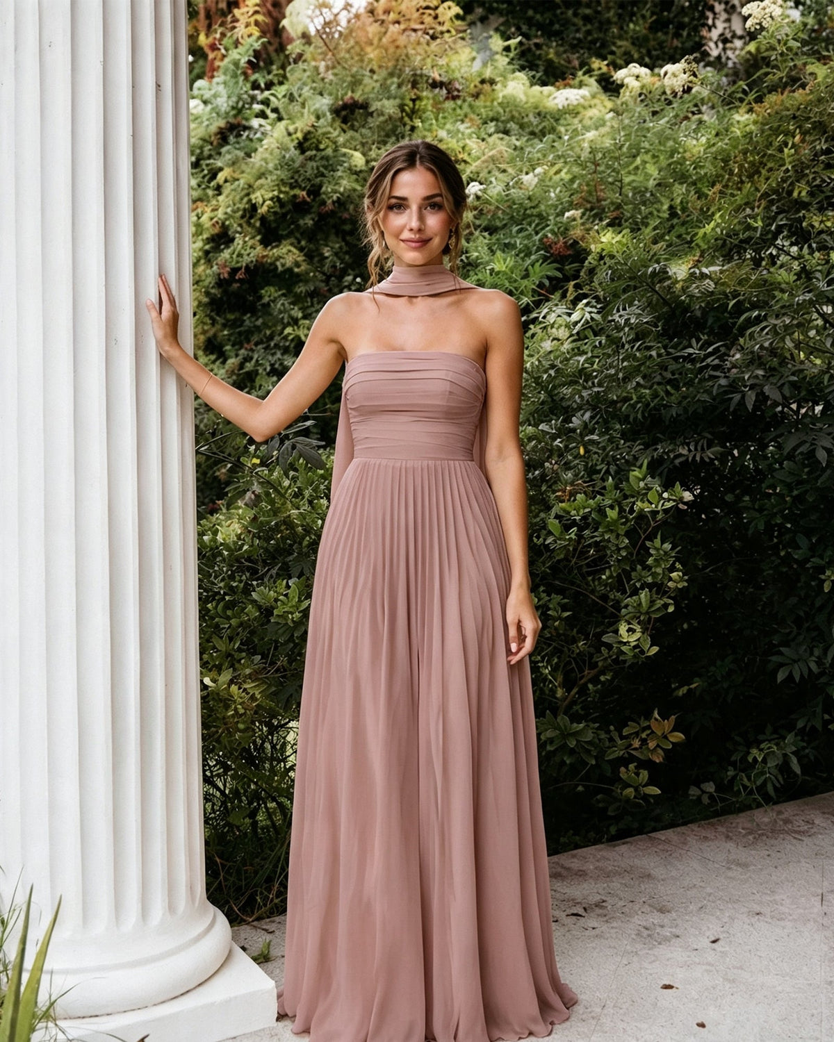 Blush pink strapless chiffon A-line bridesmaid dress with draped neck scarf