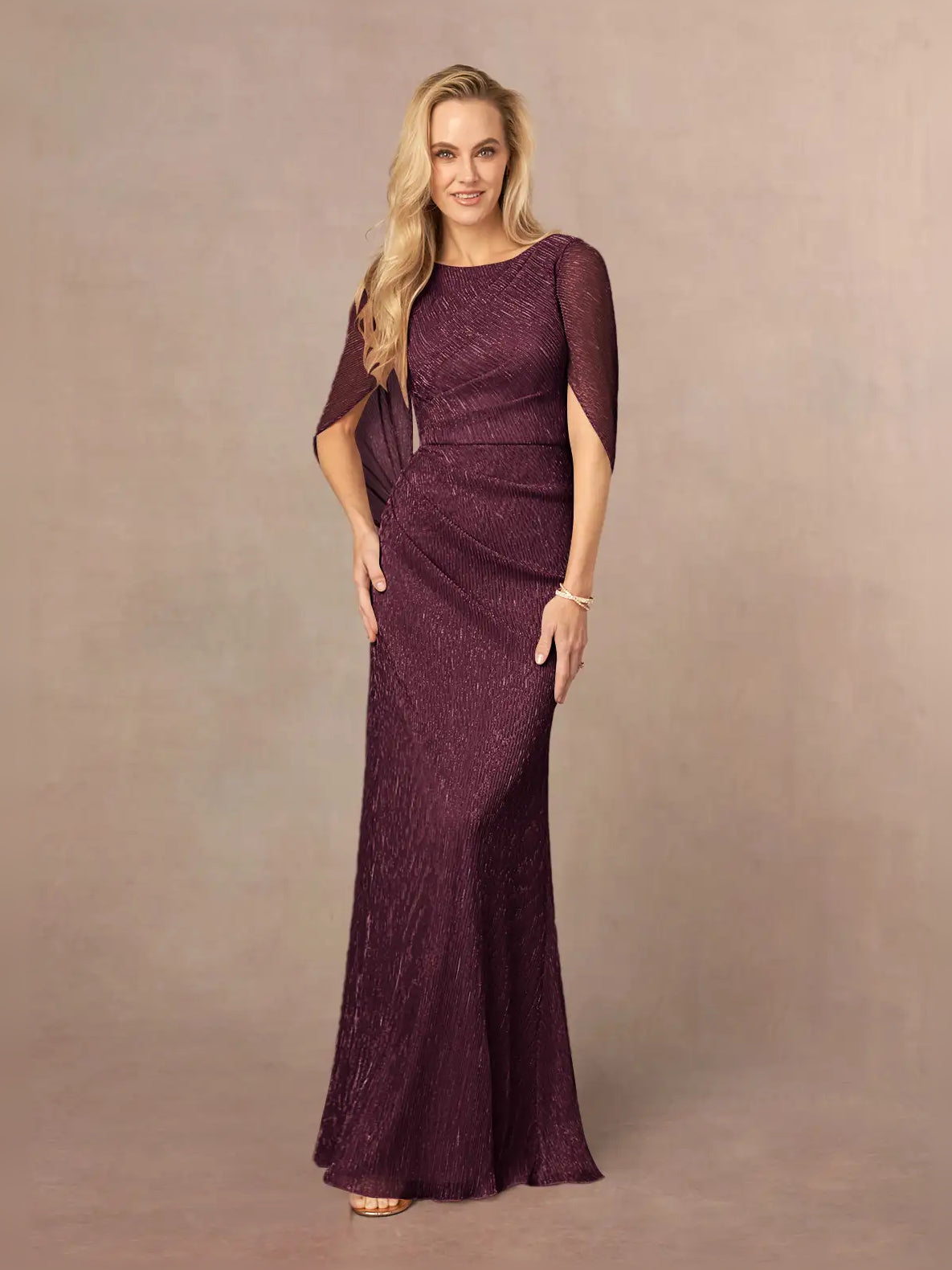 Cabernet ruched scoop-neck maxi dress with draped waist and short flutter sleeves