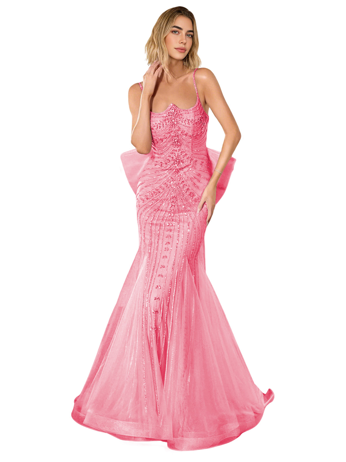 Pink strapless lace trumpet prom dress with corset back and sweep train