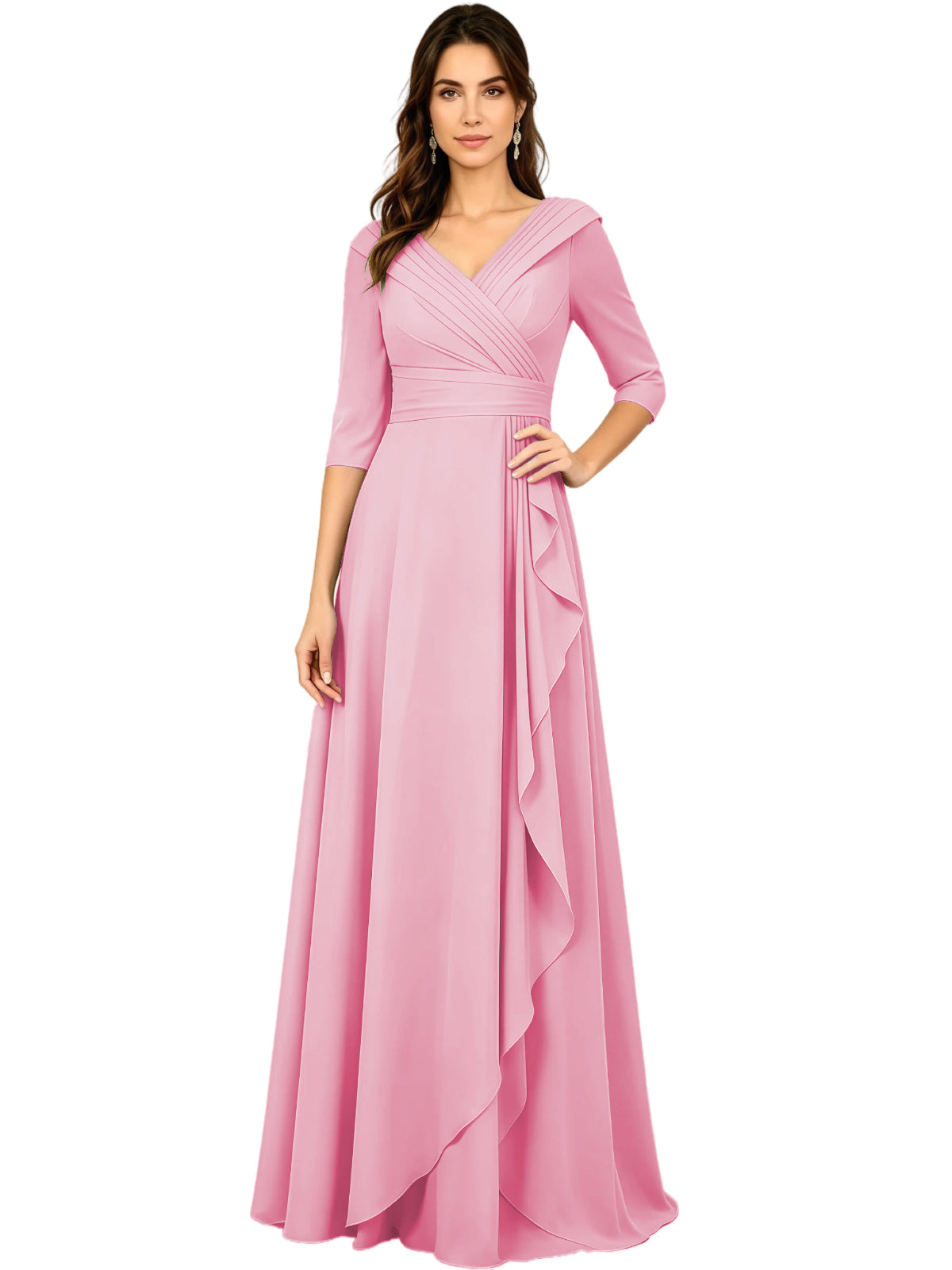 Long V-neck A-line chiffon gown, half sleeves, dusty rose pink with side ruffle drape