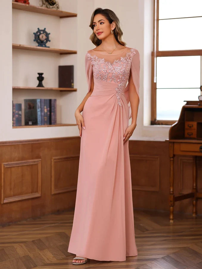 Dusty pink chiffon sheath gown with floral appliqué, scoop neck, and floor-length skirt