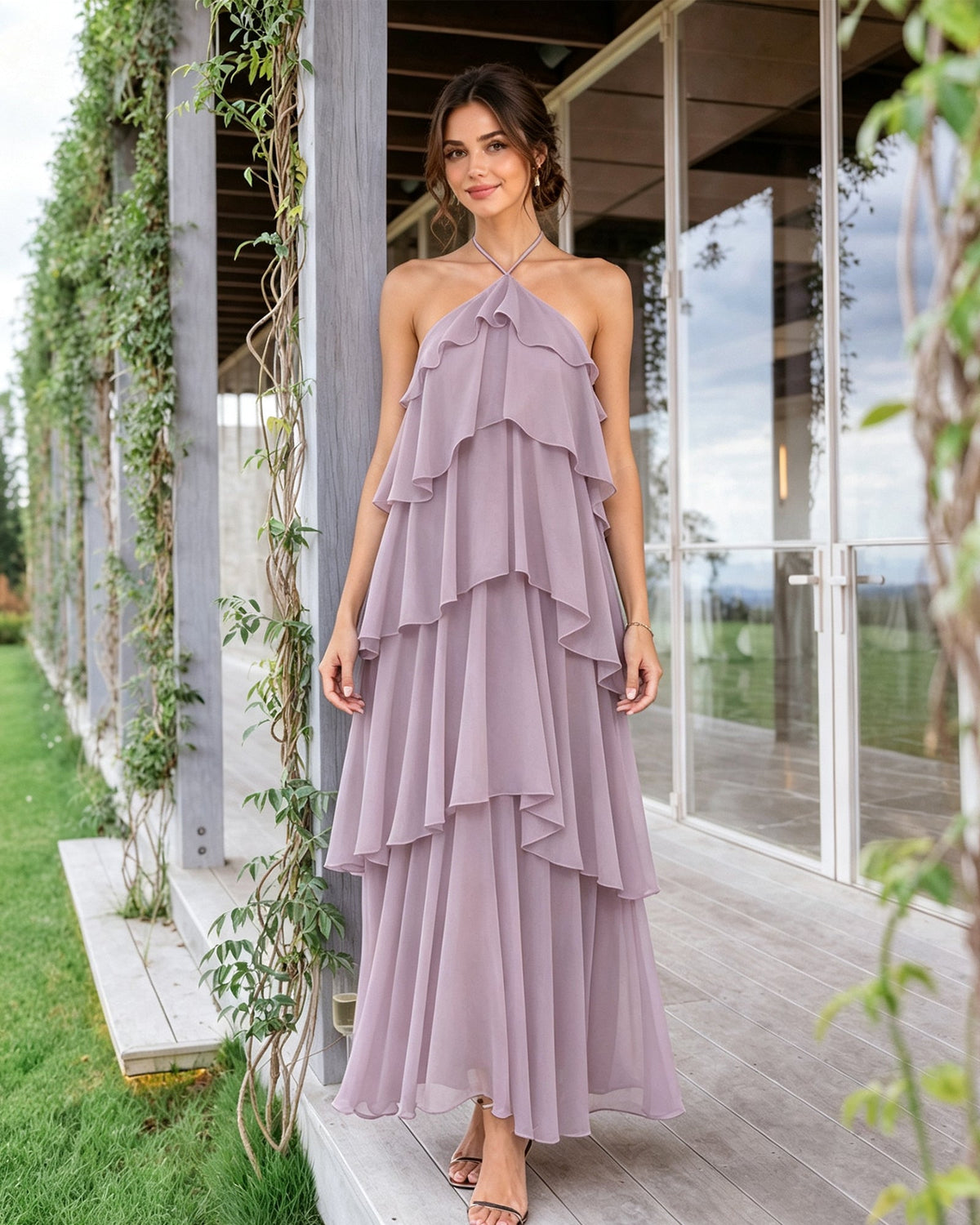 Tiered halter chiffon bridesmaid dress, lavender tiered ruffle overlay and flowing skirt