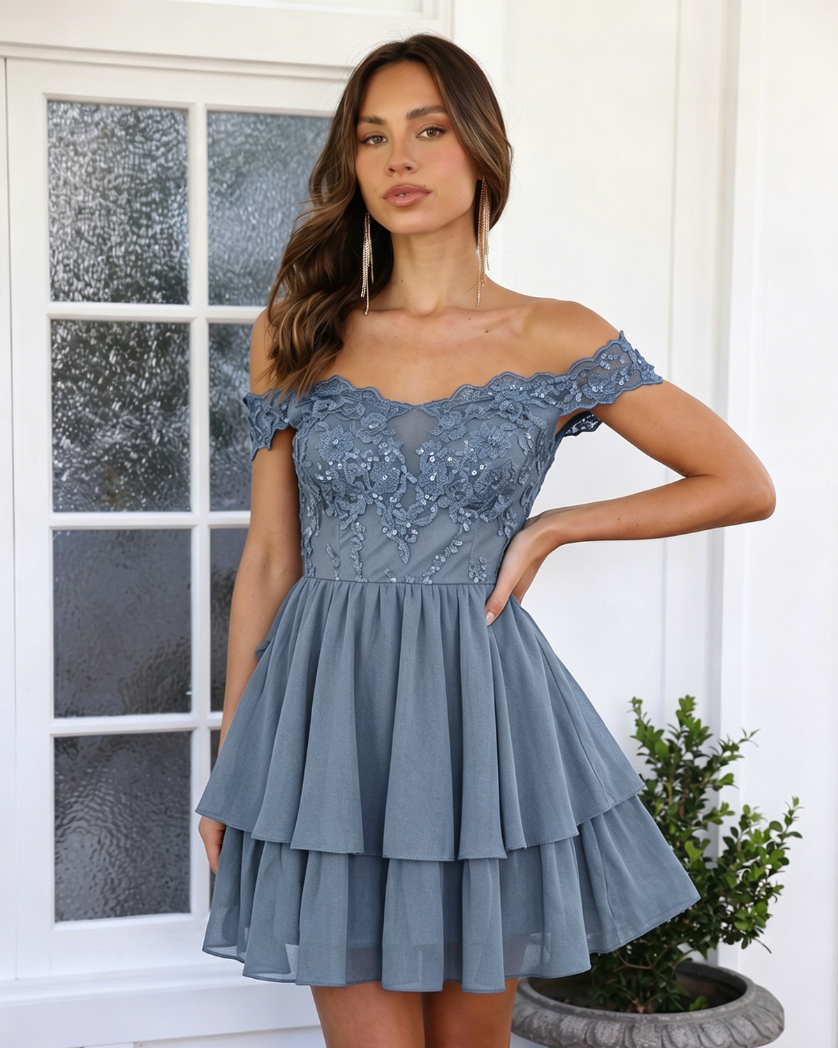 Light blue off-shoulder lace A-line homecoming dress with tiered skirt