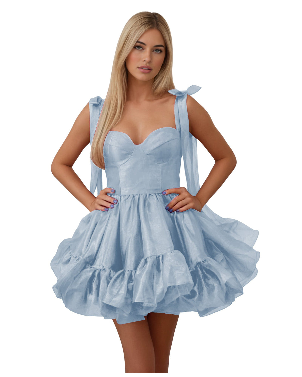 Light blue satin corset homecoming dress with bow-shoulder straps and tiered ruffles