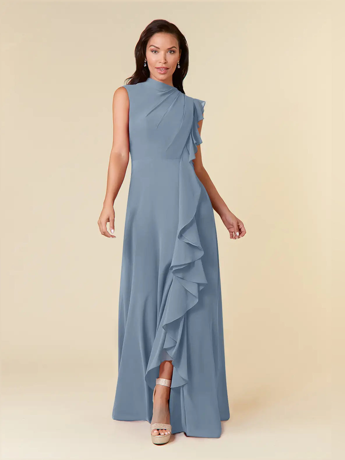 Periwinkle chiffon maxi dress with high neck and layered ruffle drape, sleeveless A-line