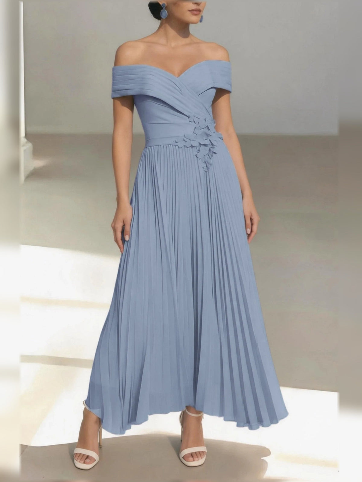 Dusty blue one-shoulder A-line satin midi dress with ruched bodice and pleated skirt