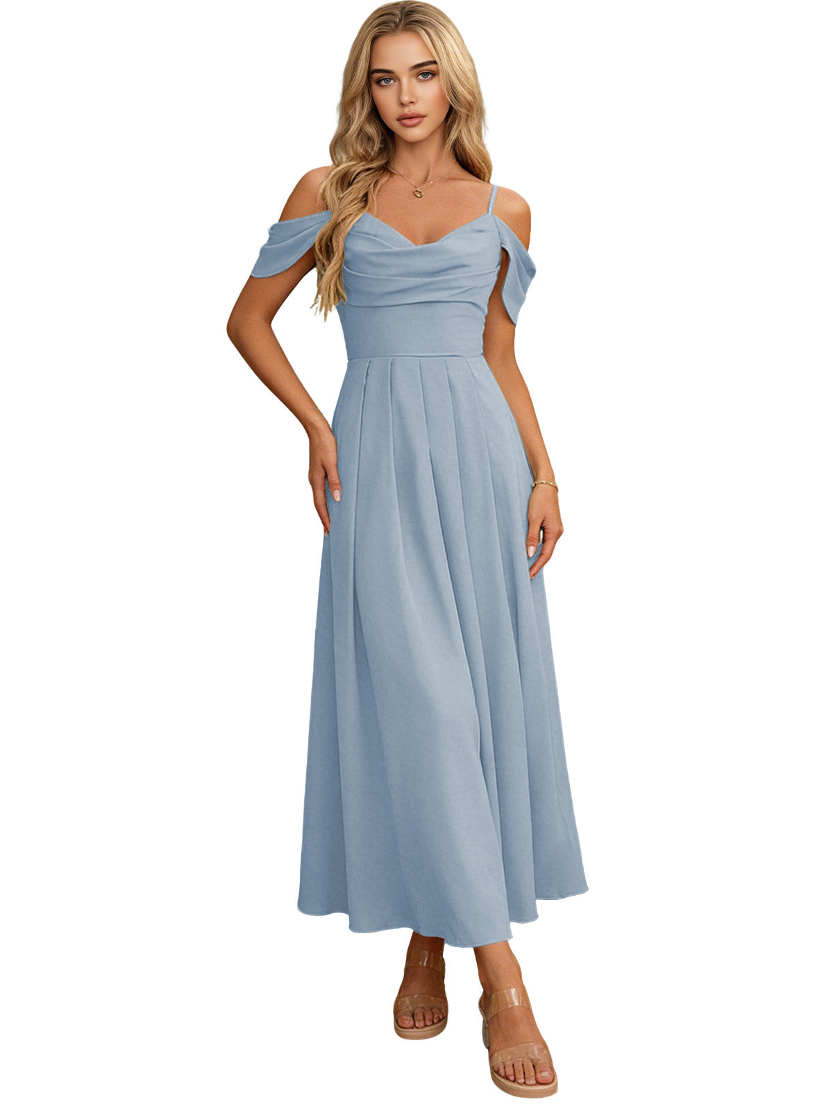 Light blue off-shoulder midi bridesmaid dress with pleated bodice and flowing skirt