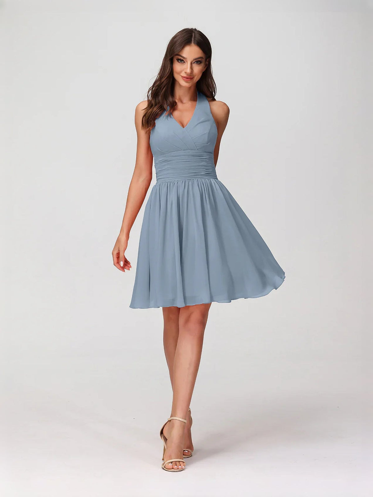 Dusty blue ruched halter A-line mini chiffon dress with V-neck bodice