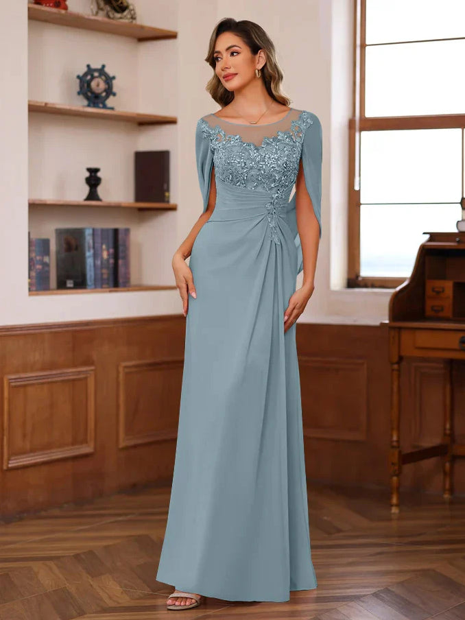 Floor-length chiffon sheath dress with lace bodice, scoop neck, and cape sleeves