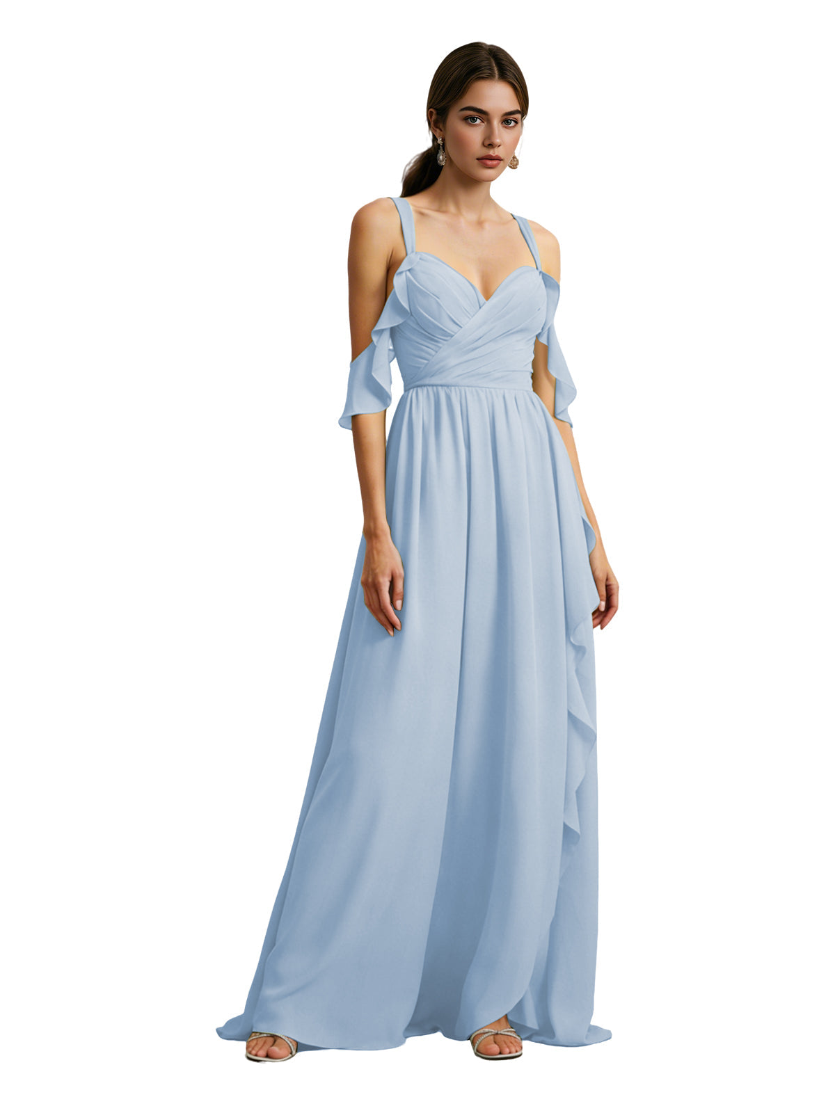 Cold-shoulder chiffon bridesmaid dress in light blue, draped V-neck bodice, ruffled off-shoulder sleeves