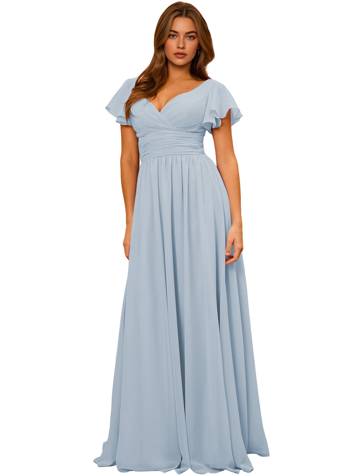 Powder blue V-neck chiffon bridesmaid dress with flutter sleeves and empire waist