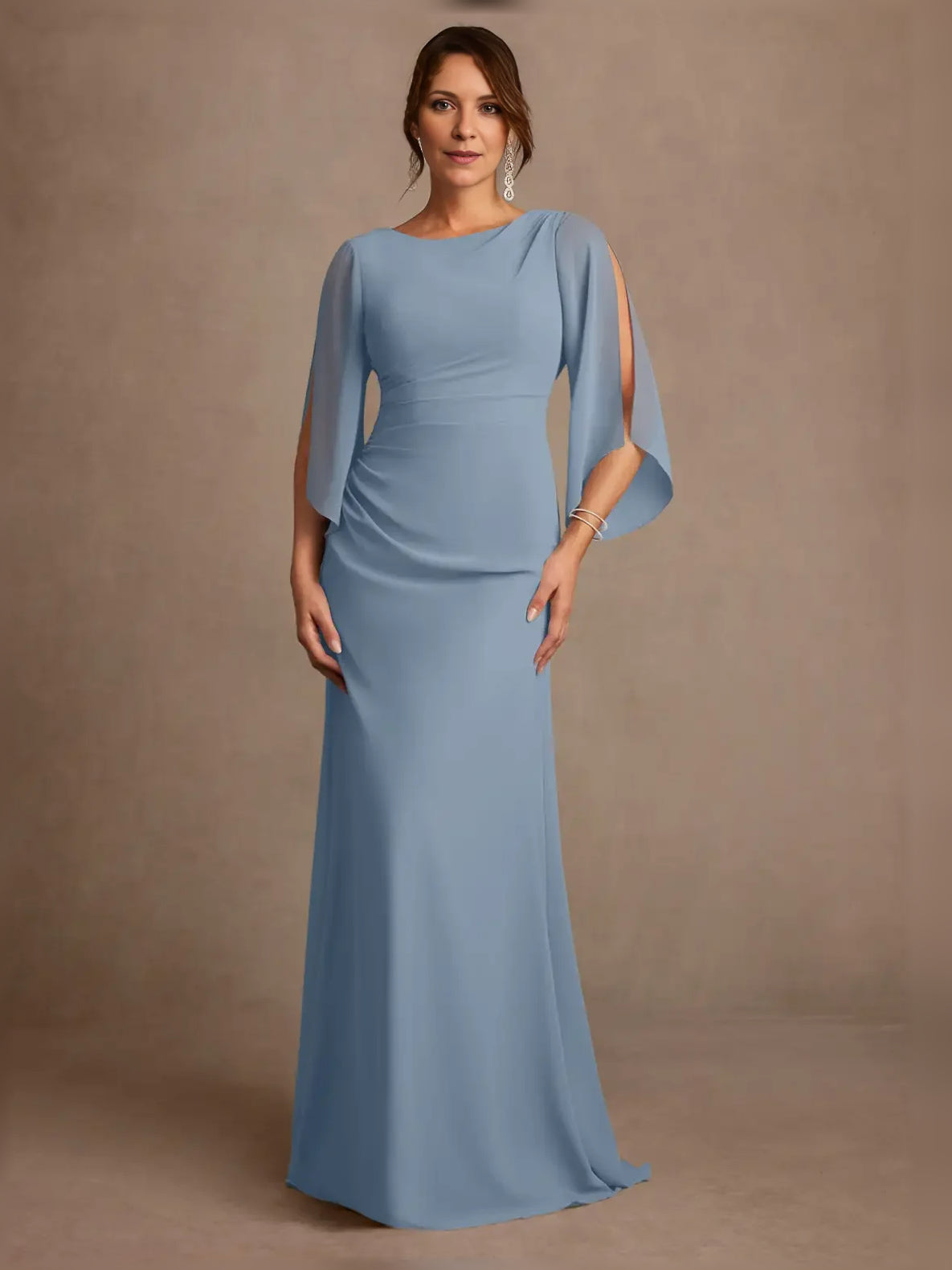 Light blue draped boat-neck A-line gown with flutter sleeves, floor-length