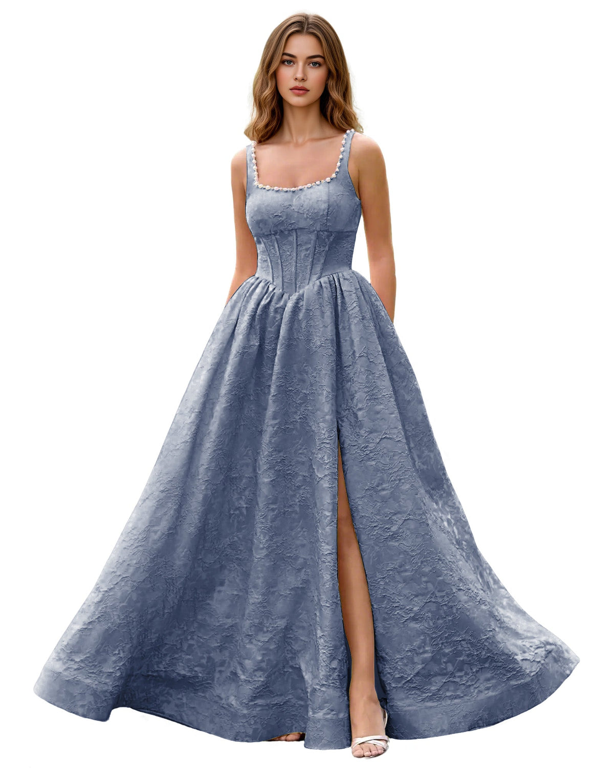 Dusty blue square-neck jacquard ball gown prom dress with wide straps and front slit