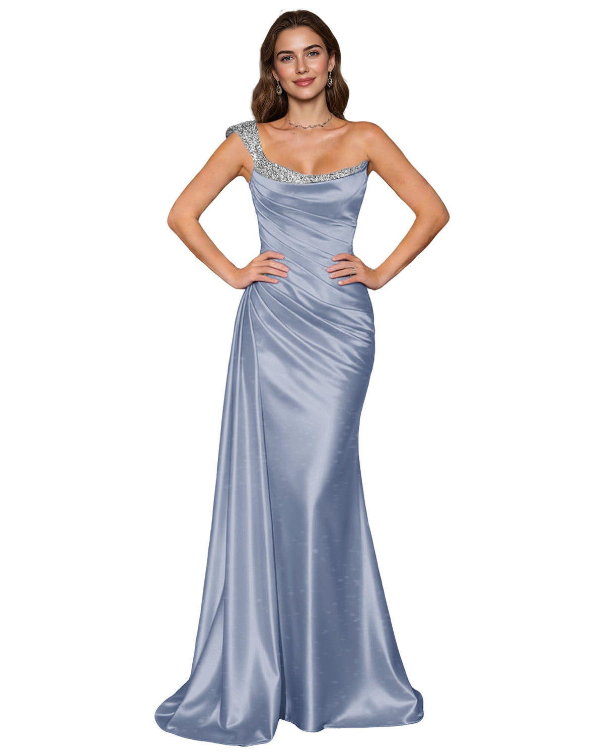 Light blue satin mermaid prom dress with rhinestone-trim spaghetti straps and cowl neck