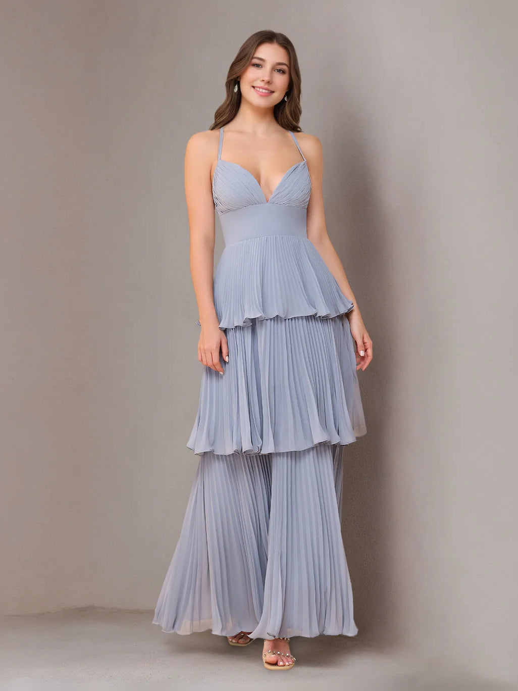 Dusty blue V-neck A-line tiered ruffle maxi chiffon dress with cascading skirt