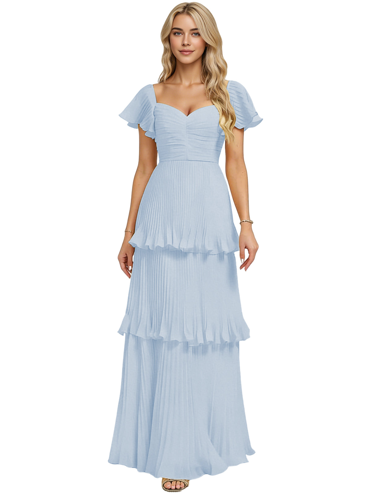 Tiered ruffle chiffon bridesmaid dress, light blue, sweetheart neckline