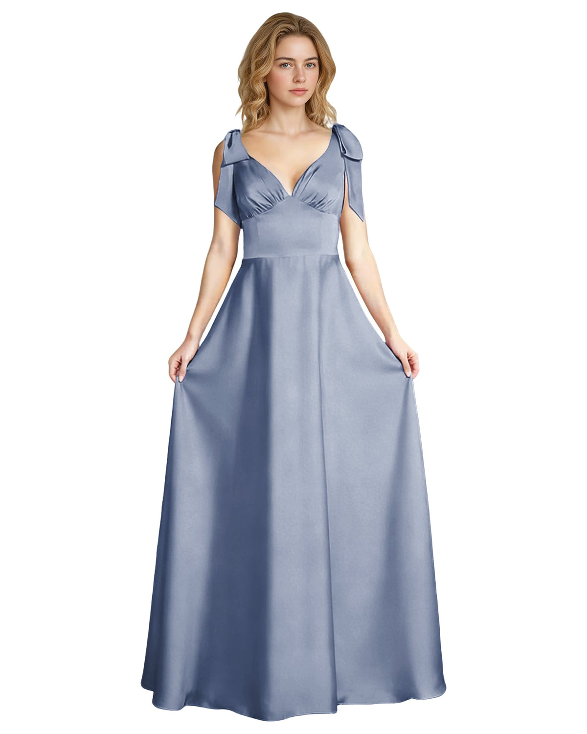 Light blue satin V-neck empire waist bridesmaid dress with bow straps
