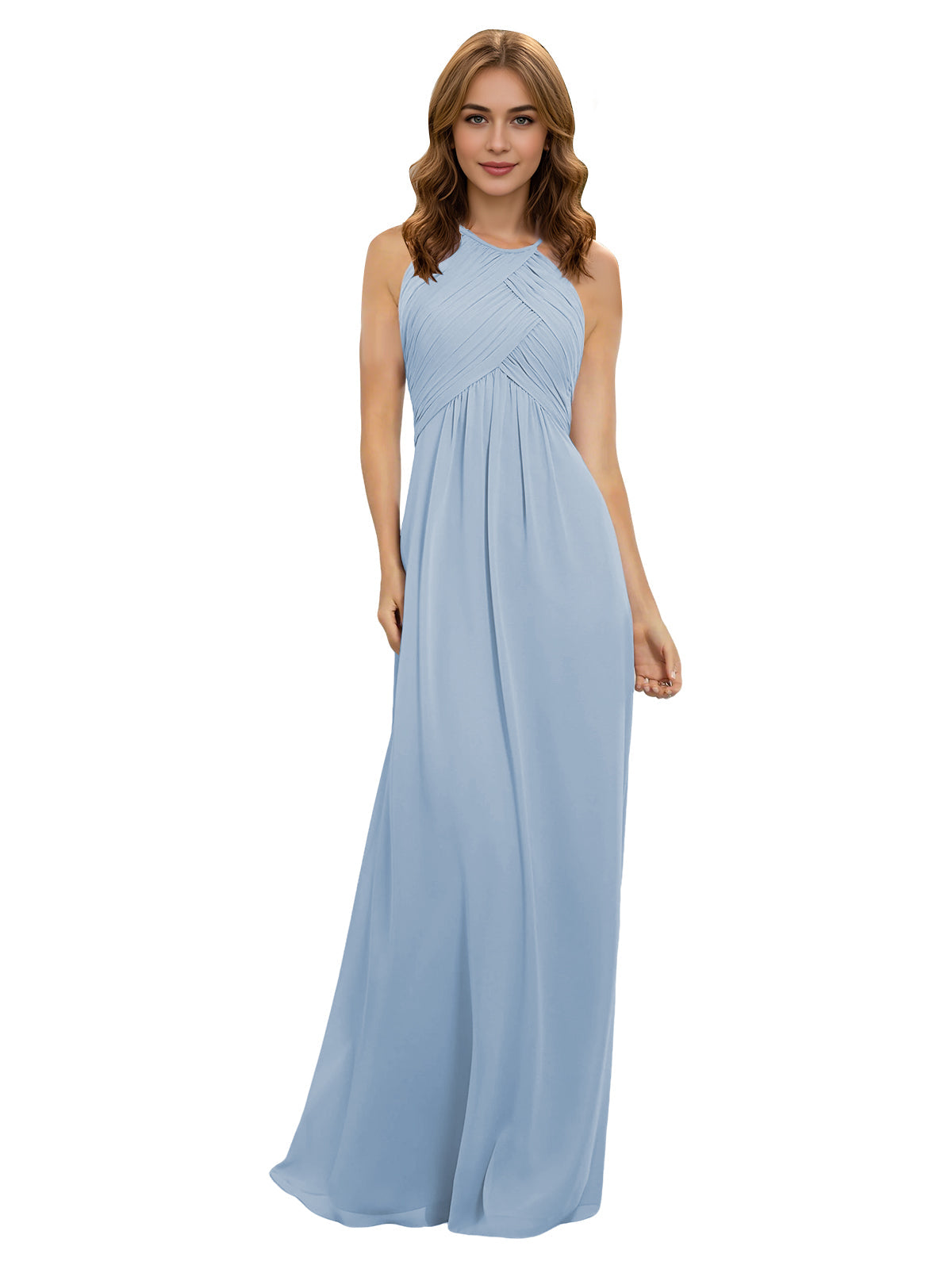 Light blue chiffon bridesmaid dress with twisted halter neckline and keyhole bodice