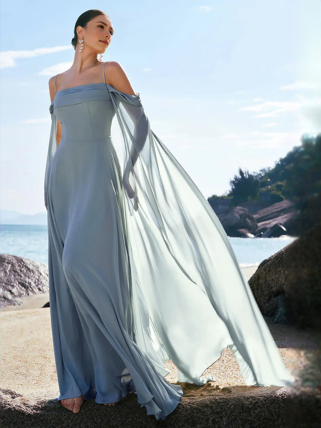 Dusty blue off-shoulder chiffon A-line floor dress