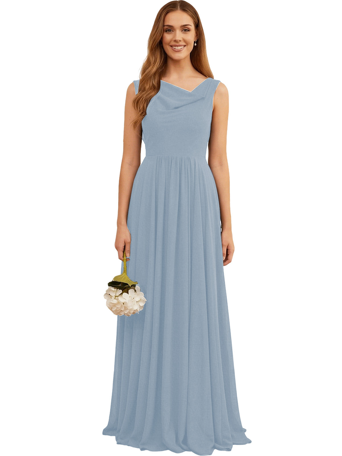 Blue sleeveless chiffon bridesmaid dress with pleated skirt and jewel neckline