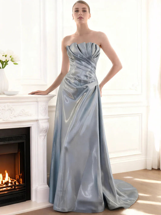 Dusty blue liquid satin A-line formal dress with strapless sweetheart neckline and pleats