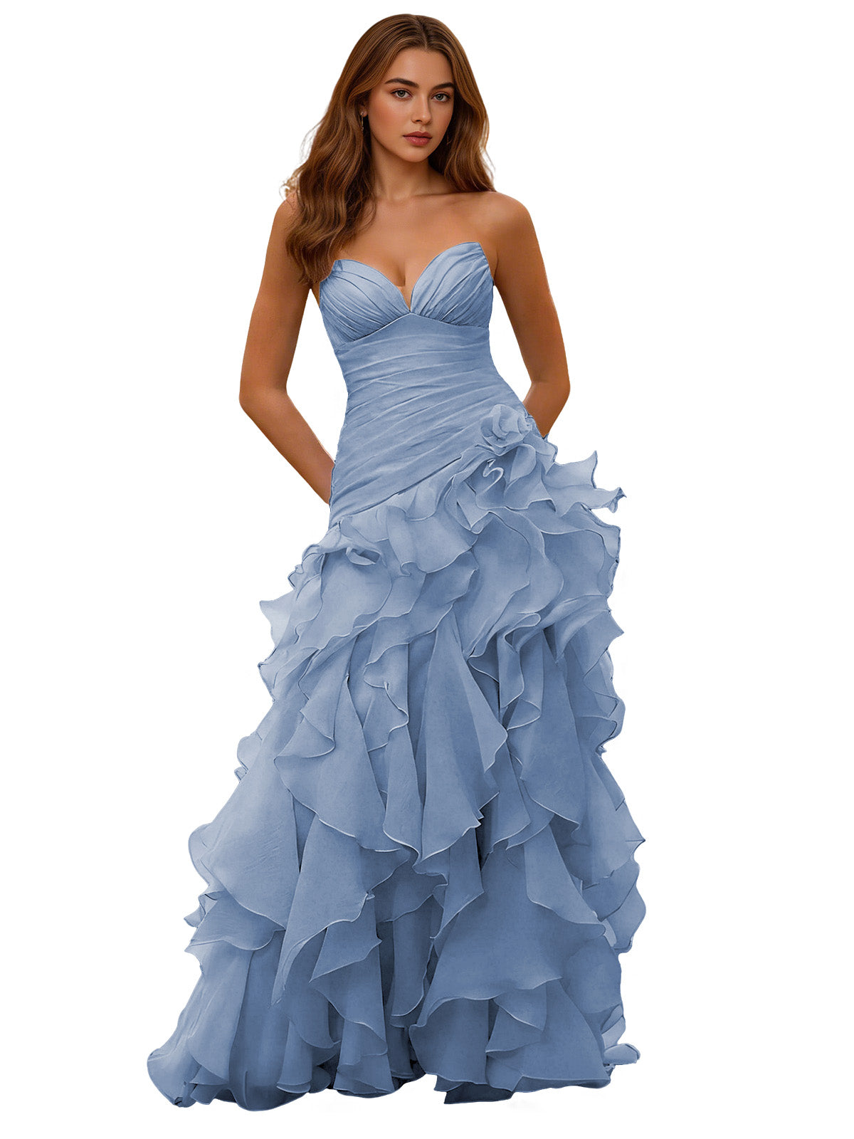 Light blue strapless ruffle ball gown with draped corset bodice