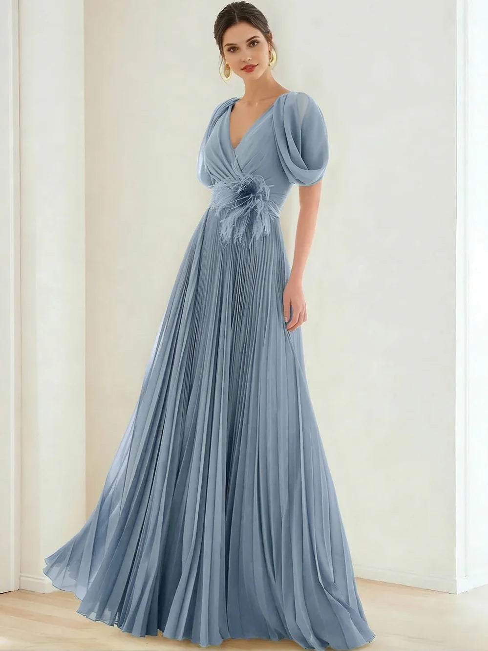 Dusty blue V-neck puff-sleeve pleated floor-length formal dress with feather waist trim