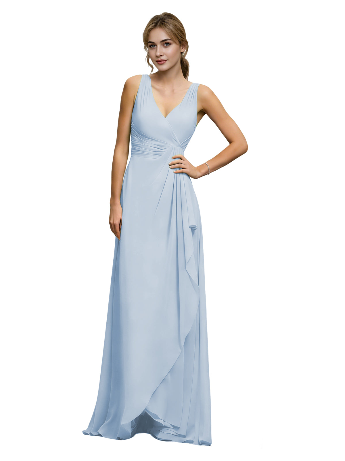 Light blue halter V-neck chiffon bridesmaid dress with draped sash waist
