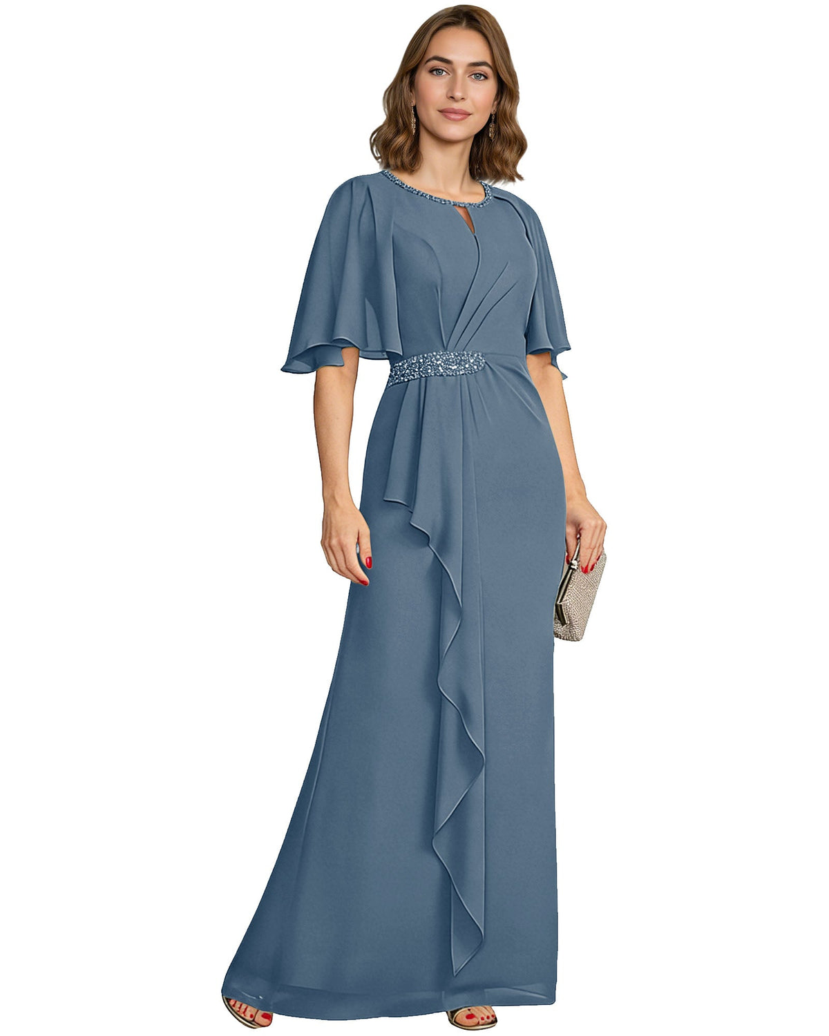 Slate blue chiffon A-line formal gown with flutter sleeves and beaded waist detail.
