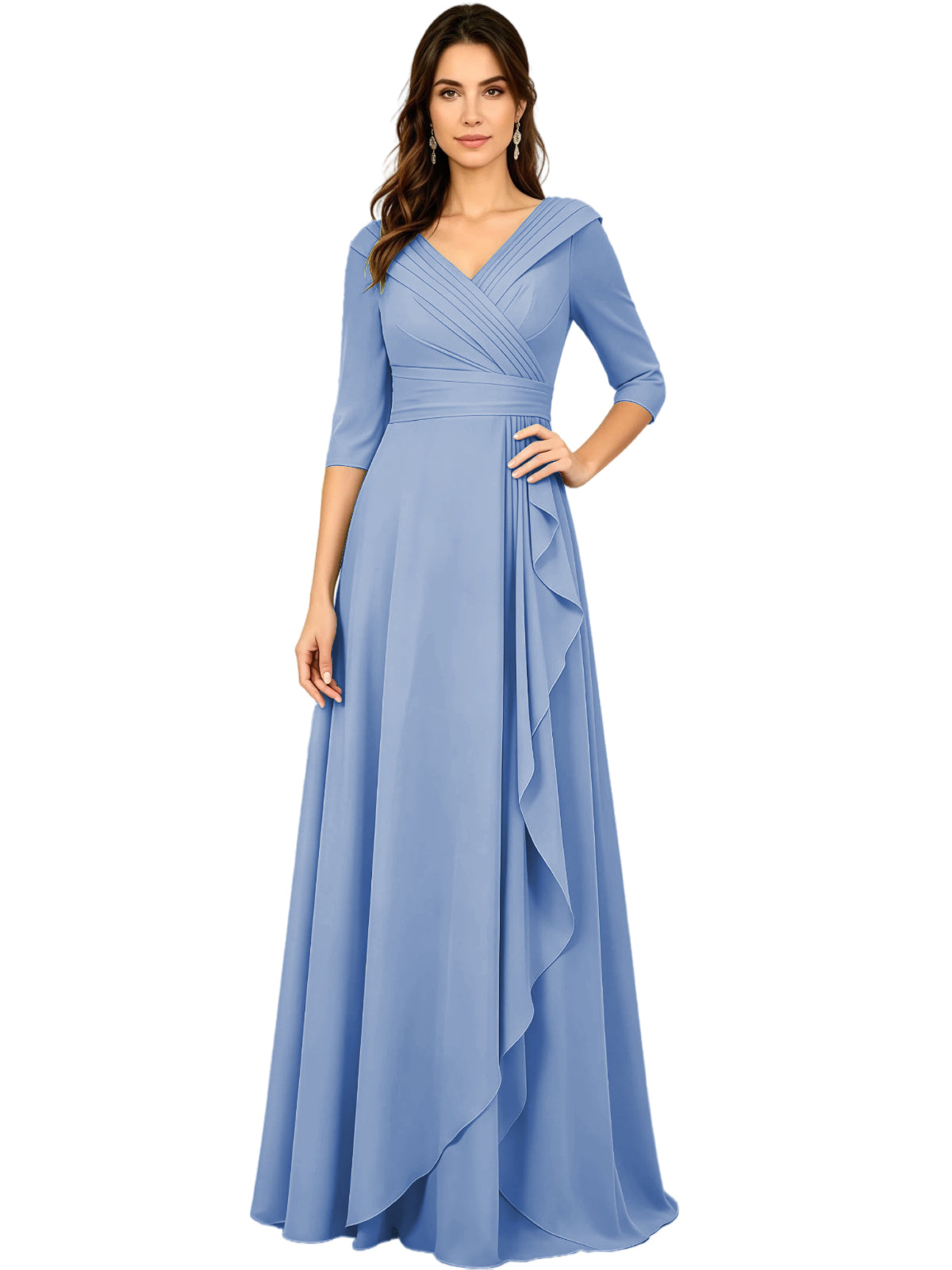 Long V-neck A-line chiffon gown, half sleeves, powder blue with side ruffle drape
