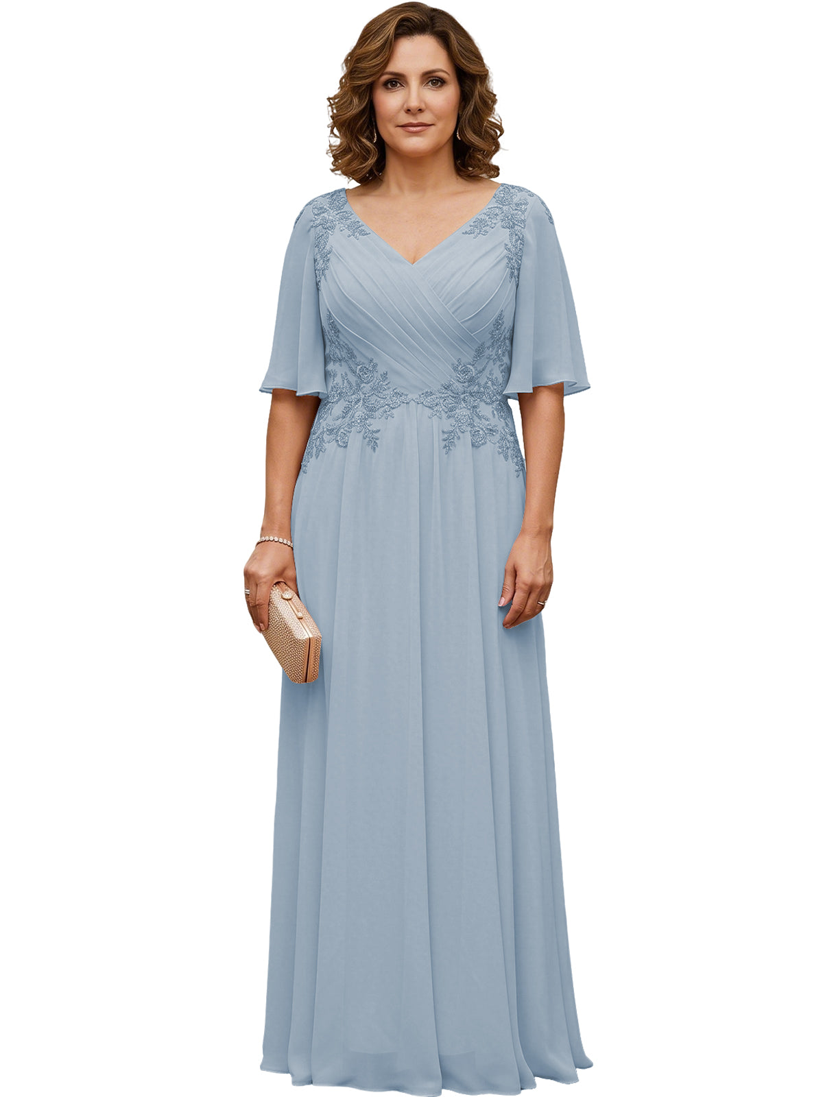 Powder blue long chiffon A-line gown with V-neck, flutter sleeves, and beaded lace detail
