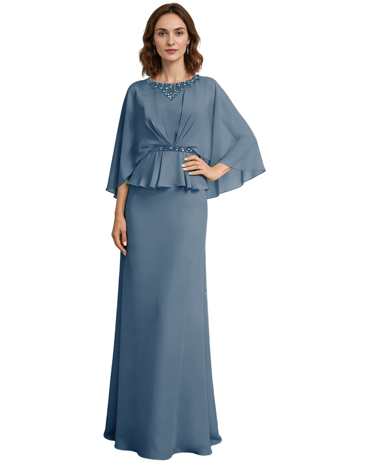 Dusty blue long formal dress with beaded neckline, capelet sleeves, and peplum waist.